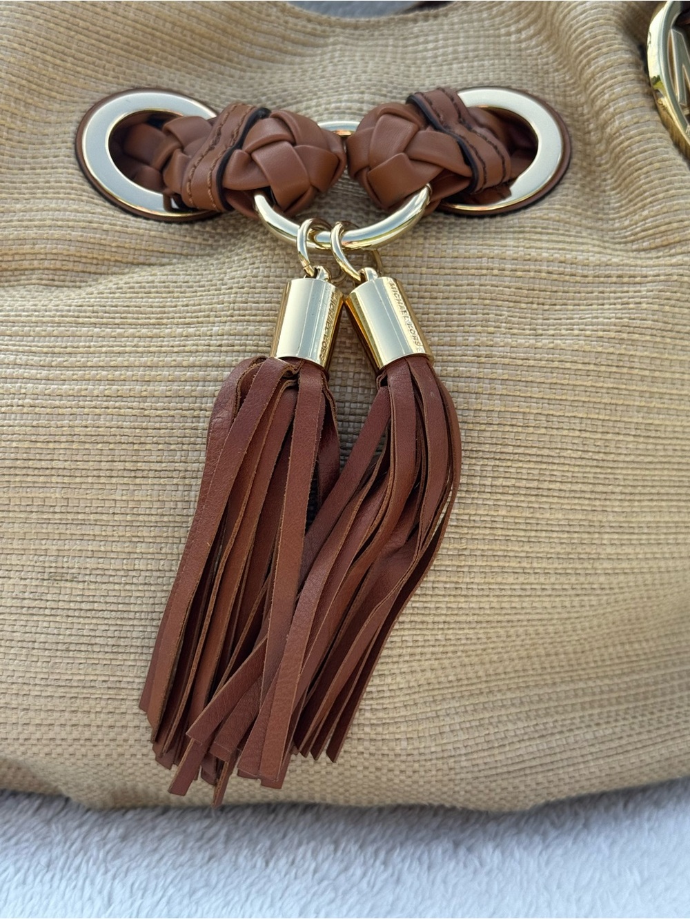 Michael Kors Large Woven Straw Hobo Bag Braided Leather Strap Grommet Tassel Nat - Picture 2 of 16